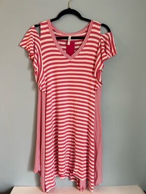 Striped Pink and White Asymmetrical Cold-Shoulder Dress